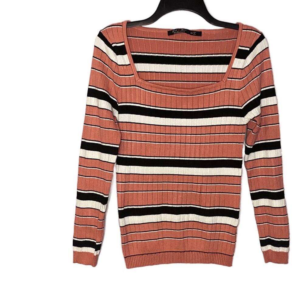 L.A. Knit Collection‎ Square Neckline Women's Pink Black Stripes Sweater Size 2X